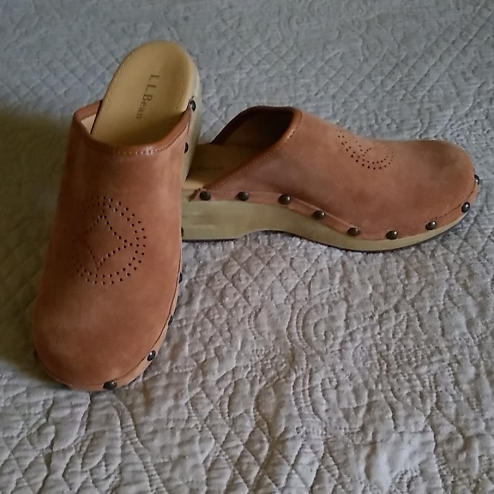 LL Bean Brown Suede Clogs, perforated design, sz 7